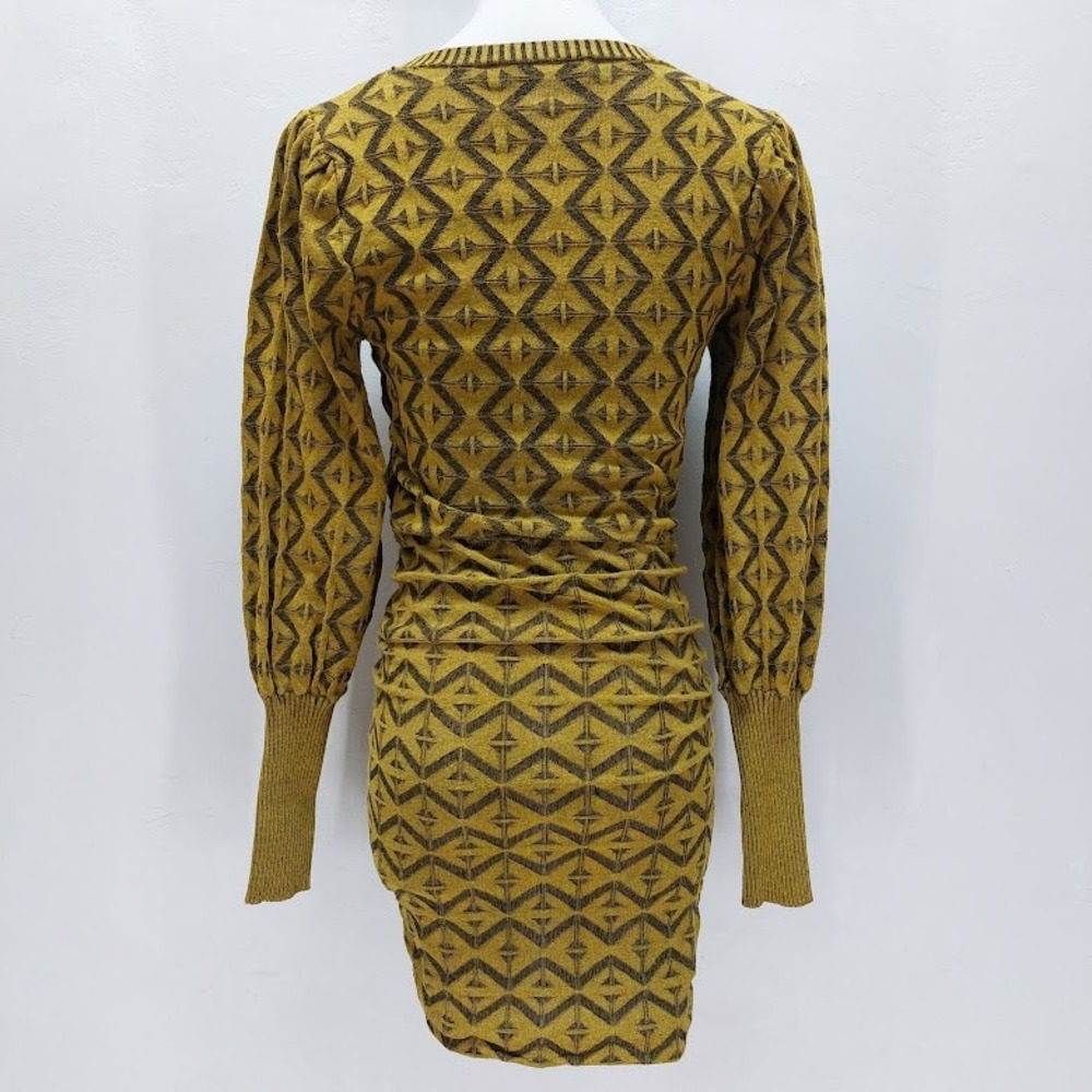 Zara Knit Dress Women's Small Mustard Geometric Ruched Puff Sleeve Mini Retro - Picture 3 of 9